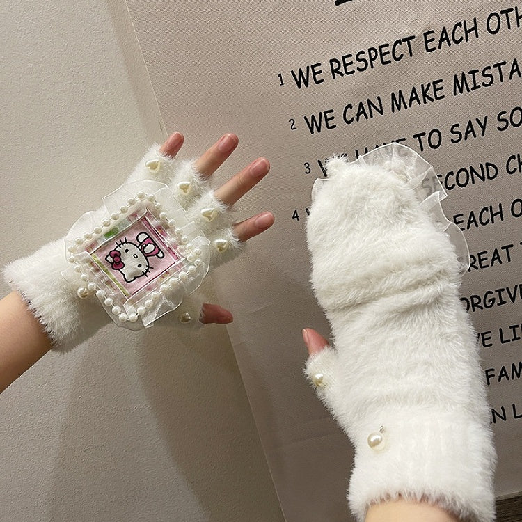 Schwarz/Weiße Plüschhandschuhe mit süßem Kätzchen-Print, Herzperlen, Spitzendetails