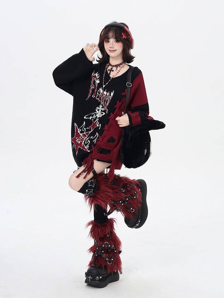in V-Neck Sweater with Colorblock / Hem Detail and Blue Lace-Up Black Red Distressed