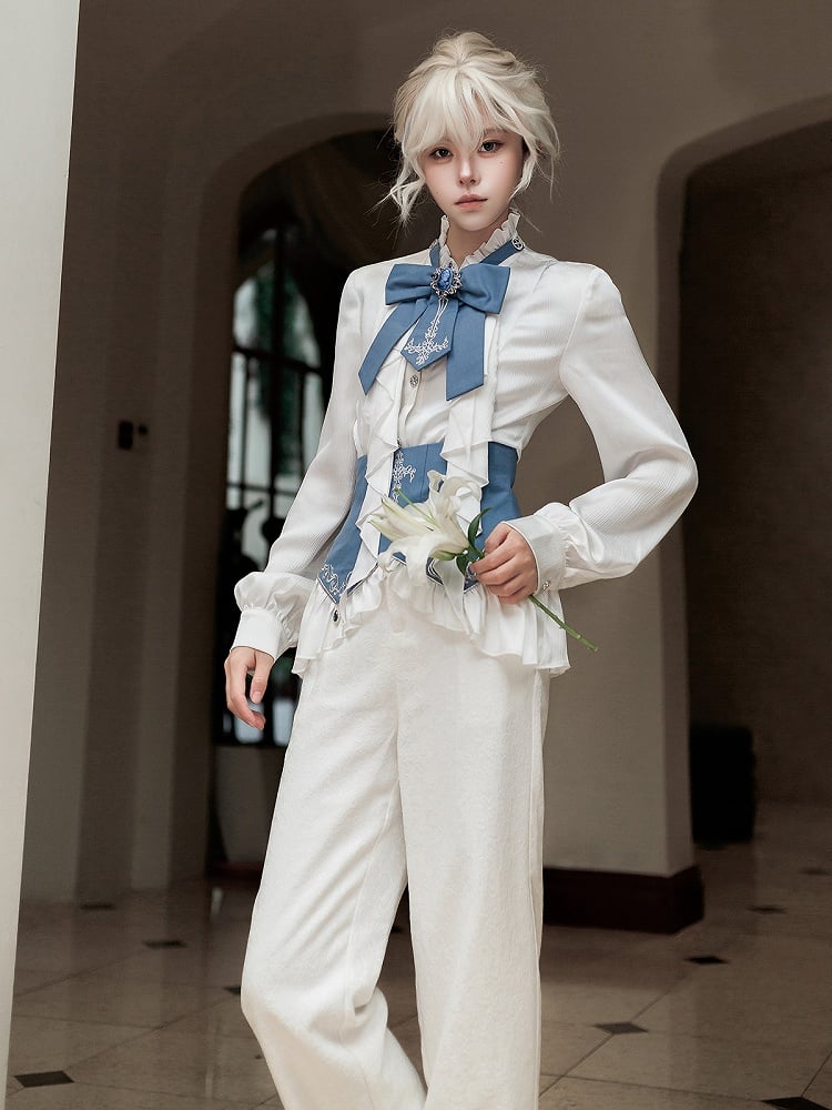 Belt+Pants Coat+Shirt+Corset Pieces Split-Tail Four Ouji Set-BlueWhite Lolita Prince