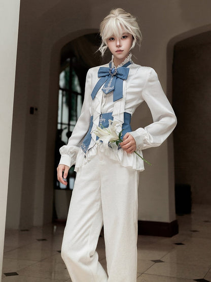 Belt+Pants Coat+Shirt+Corset Pieces Split-Tail Four Ouji Set-BlueWhite Lolita Prince