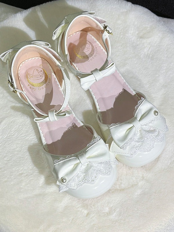 White Heart-Buckle Lace Round-Toe Low Heel Pumps - Fairy Godmother