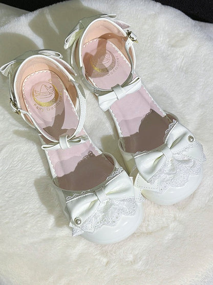 White Heart-Buckle Lace Round-Toe Low Heel Pumps - Fairy Godmother