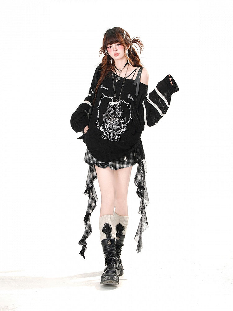 スカート裾は非対称メッシュパッチワークデザイン、ブラックのチェック柄、フリル付き水玉模様