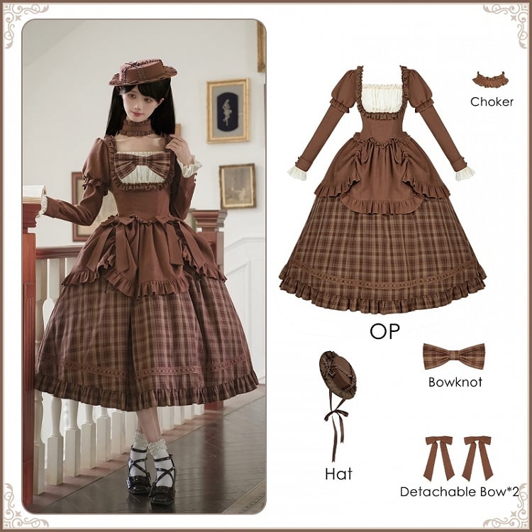 + Set Lang - Herbst Lollita Abnehmbarer Choker Elegant OP Hut Schleifen Kaffee Version