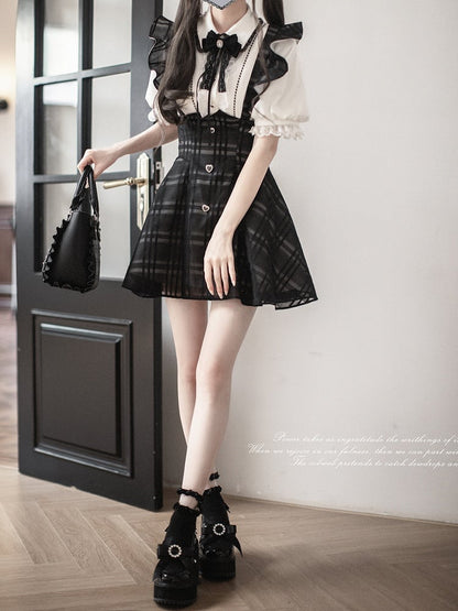 with Flutter Sleeves Waist Black Plaid Overall Dress Short Version Jirai Kei High