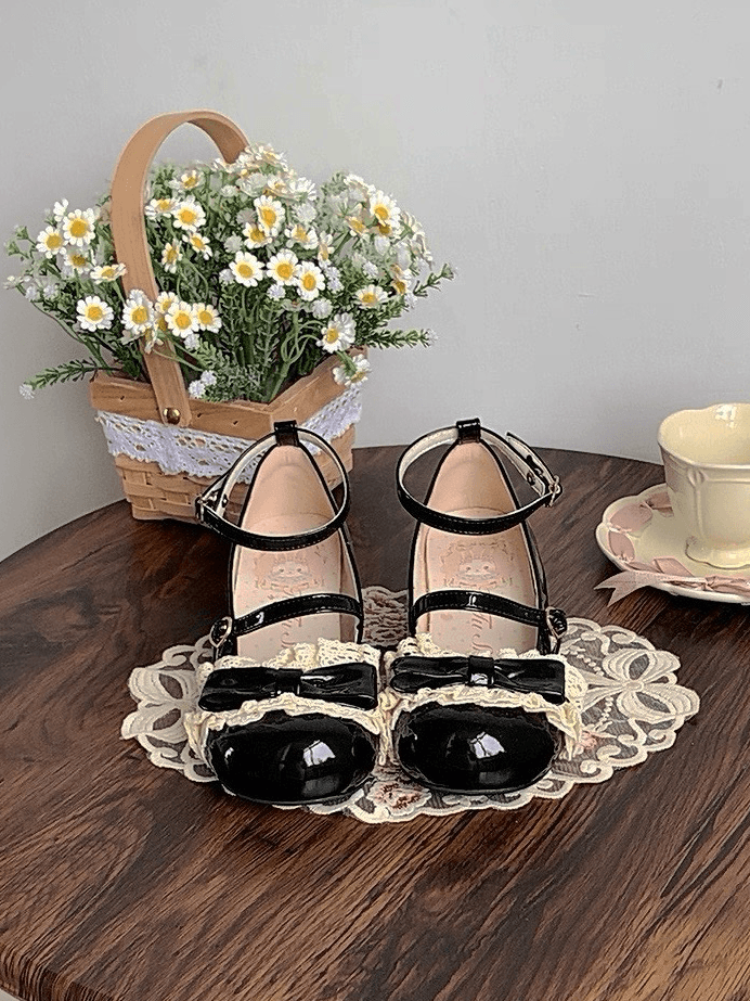 Mid with Trim Lace Lolita Heels and Mary - Sweet Details Jane for Heart Buckle Black Bow