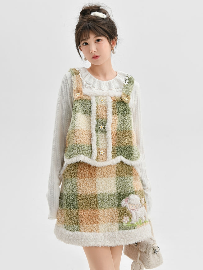 Green Cute Lamb Applique Plaid Fleece Skirt with Pockets