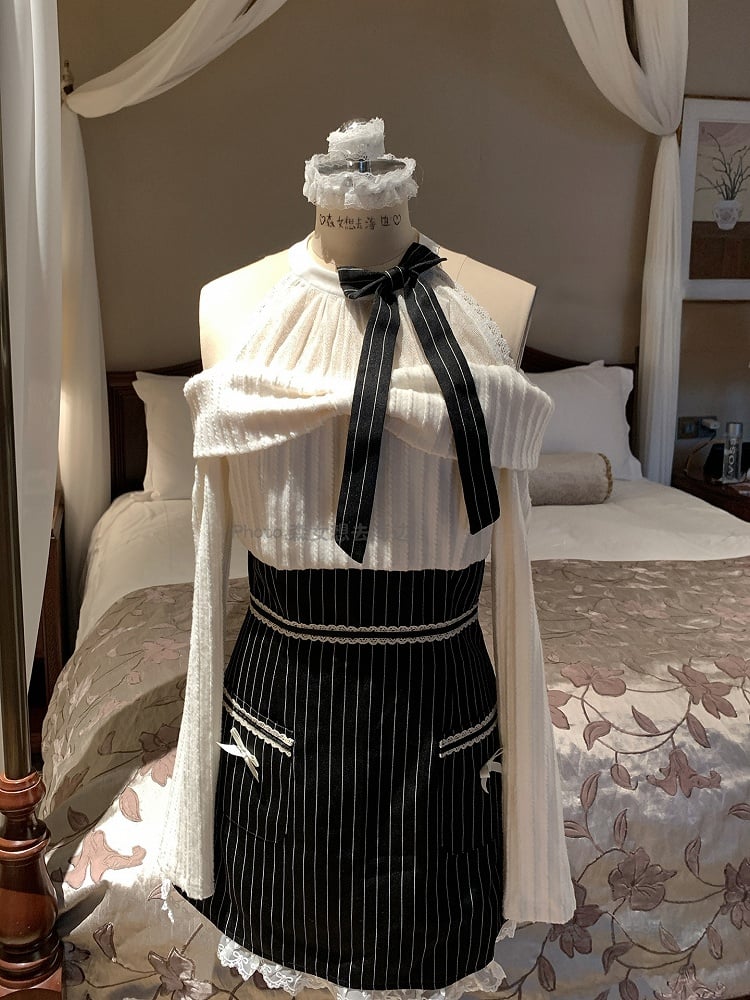 Clean Kei Dress in Halter White Innocent Jirai Stripes Black