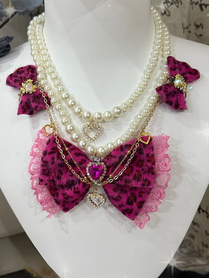Strass Farbe Anhänger Optionen Herz 4 Perlen Muster Und Bowknot Leopard Halskette