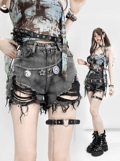 Saum-Shorts Raw Bittersweet Distressed Grey Denim Holes