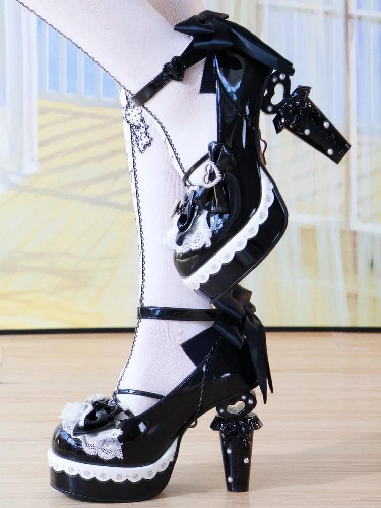 Bow Front - Lace Sparkling Lolita Sweet PU Edging Heels Black High in Heel Block Architectural with