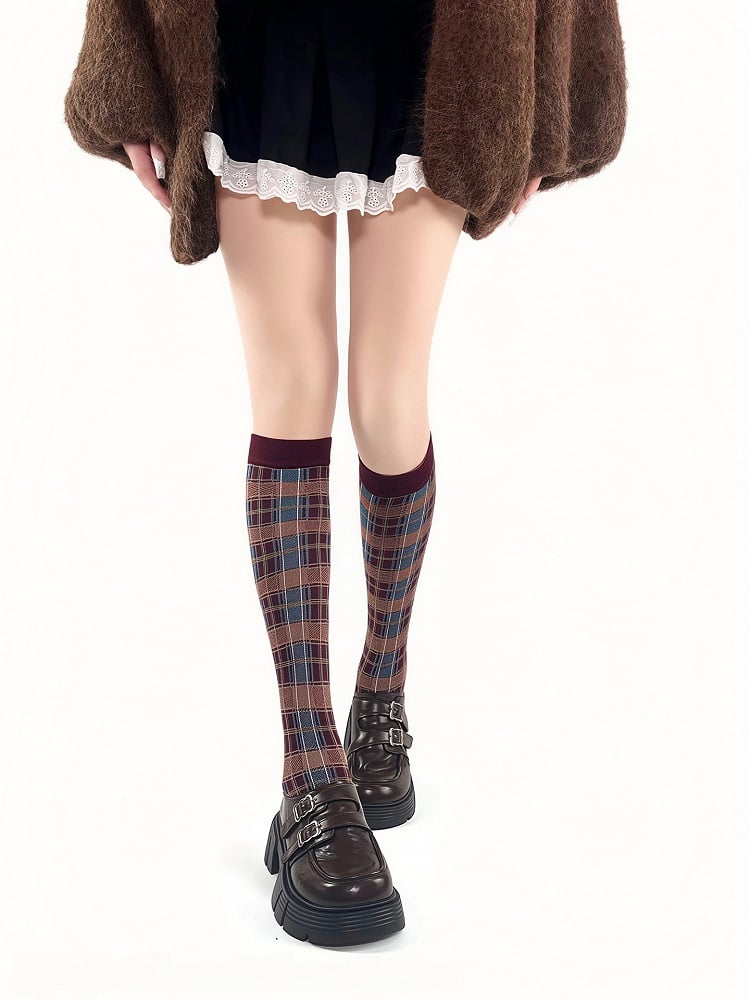 Calf Retro Striped Pattern Plaid Red Socks Khaki/Black/Wine