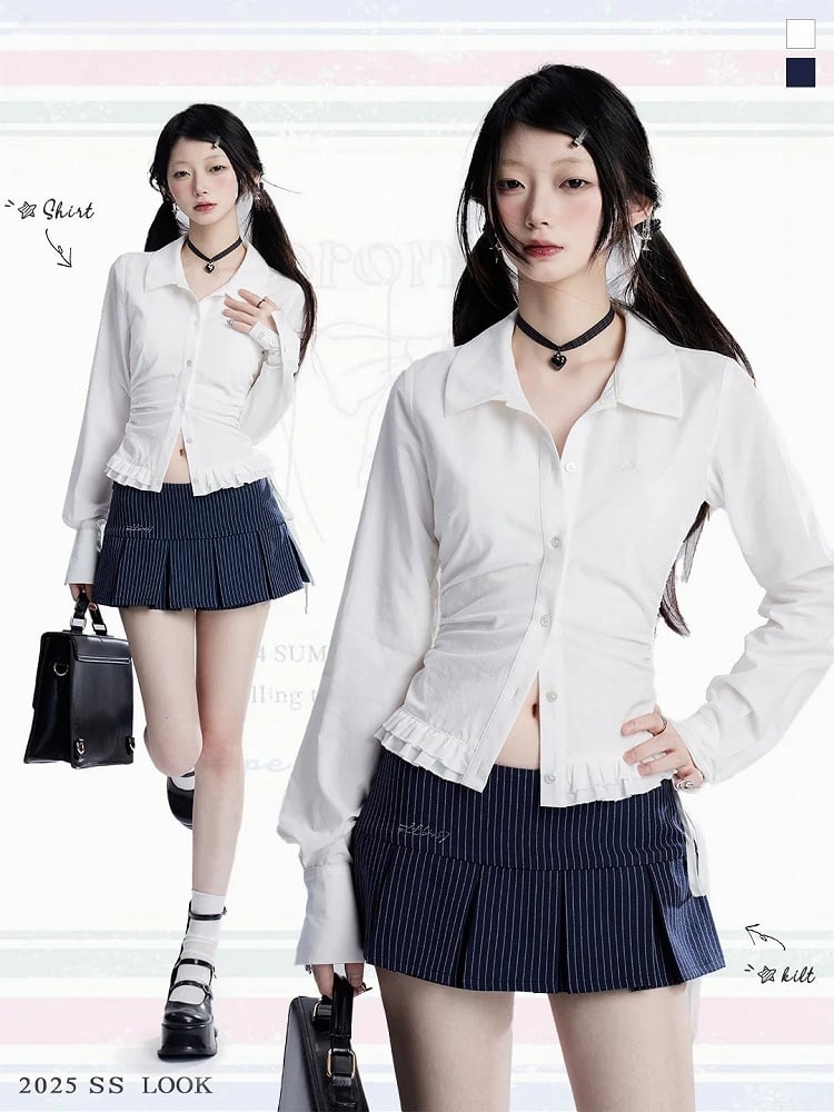 シャツ ホワイト ルーシュウエスト フリル裾 スリムフィット