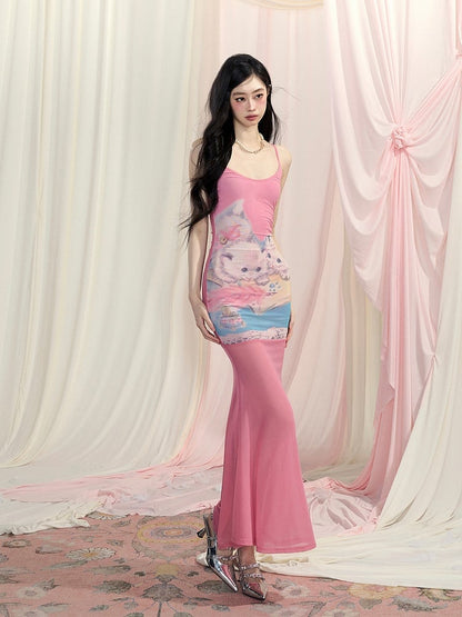 ピンクのキュートな猫柄ボディコンスカート スリップドレス マーメイド