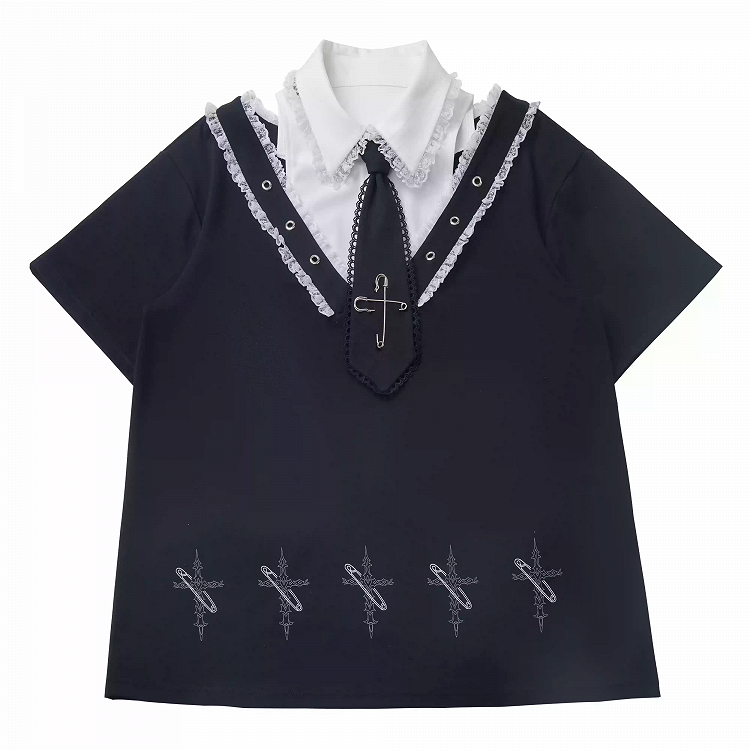 Free Print Cross with Tie Black T-Shirt Pin Shirt Collar