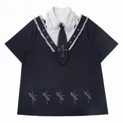 Free Print Cross with Tie Black T-Shirt Pin Shirt Collar