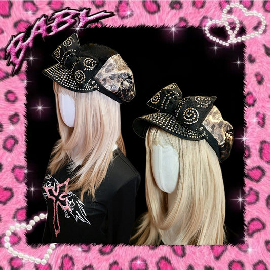 Gyaru Fashion – Baskenmütze im Y2K-Stil, schwarz, Leopardenmuster, große Schleife, Strassverzierung