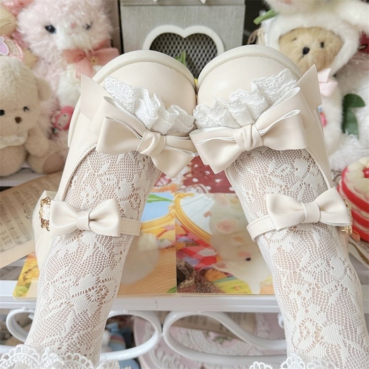 Lolita Low/Mid Heels Beige Lace with Sweet Bow Accents Trim