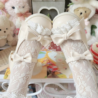 Lolita Low/Mid Heels Beige Lace with Sweet Bow Accents Trim