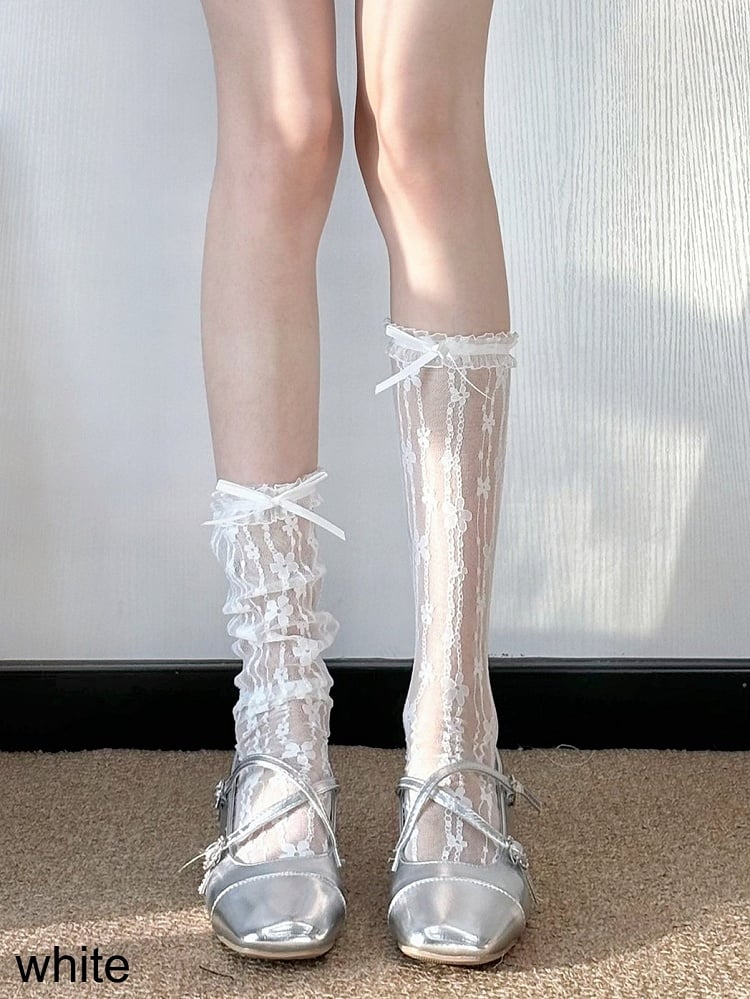 Sheer Lace Trim Calf Socks with Floral Pattern - Milk flavored Lolita