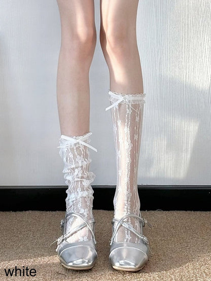 Sheer Lace Trim Calf Socks with Floral Pattern - Milk flavored Lolita
