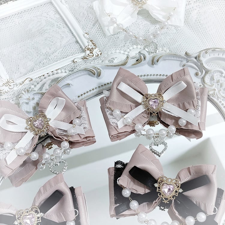 Jirai Kei Sweetheart Beaded Chain and Rhinestone Adorned Bowknot Hairclips