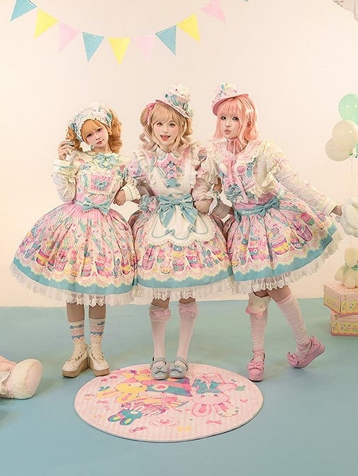 Bunny Collar Dress Pan Lolita Maid Blue Print Cupcake Peter and Pink