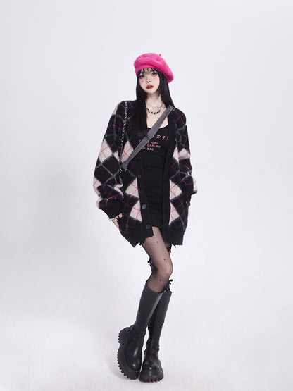 Mink Black Faux Diamond V-Neck Vintage Knit/Brushed Pattern Version Cardigan