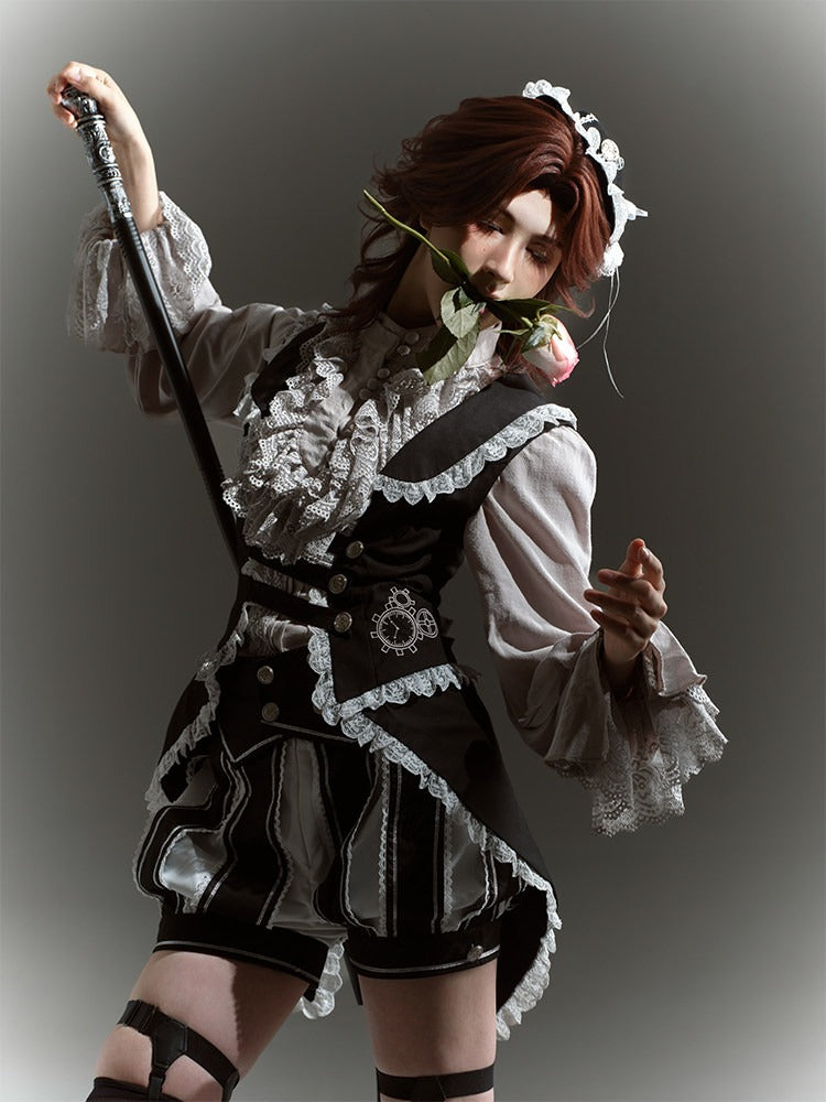 Black Tailcoat Waistcoat with White Lace Trims - Castle Too