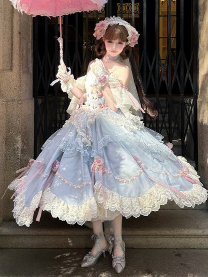 Blaue Basken-Taille mit floralen Schleifenknoten, Hanayome Lolita OP / Komplettset