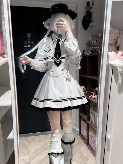 Warmers Dress Jirai 4-Piece Cape - Leg + Ruffled White Sailor-Collar Set Necktie Kei Long-Sleeve