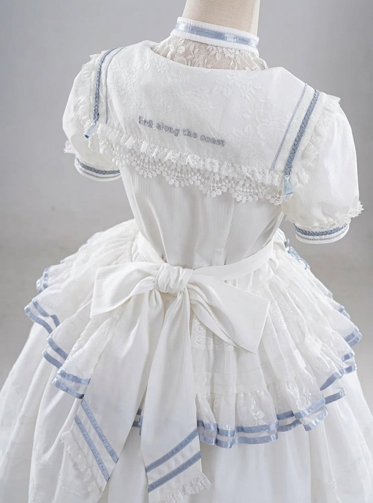 Ivory and Azure Stitched Sailor Gown with Detachable Collar - Honey Machine