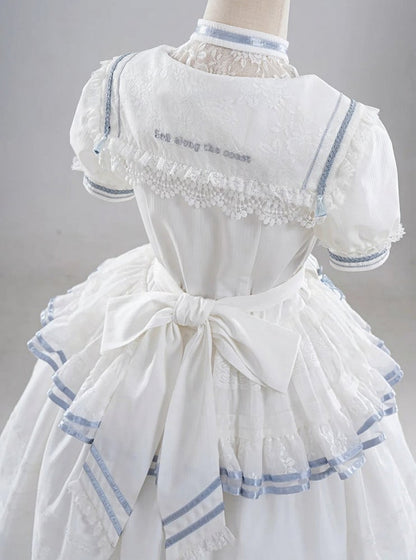 Ivory and Azure Stitched Sailor Gown with Detachable Collar - Honey Machine