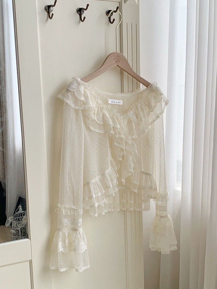 Sheer Tulle Top Long Flounce Sleeves Beige Dotted Trimming