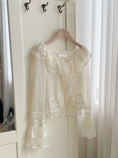 Sheer Tulle Top Long Flounce Sleeves Beige Dotted Trimming