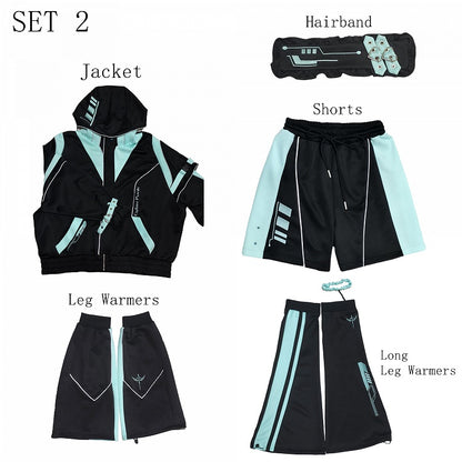 Black and Green Cyberpunk Jirai Kei Outfit - Hooded Jacket Shorts Leg Warmers Headpiece Full Set