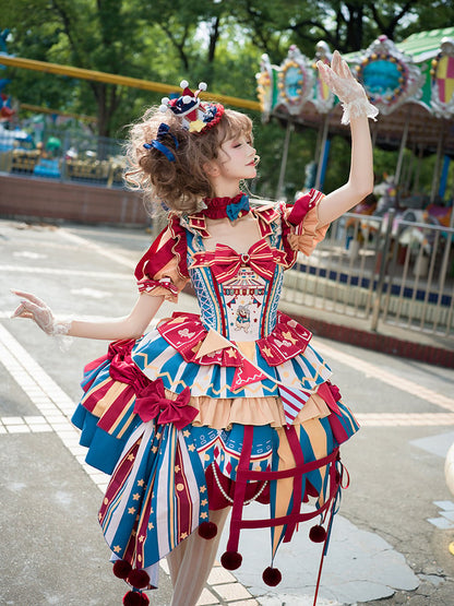 with Skirt Blue Jumper Sweet Dress Bunny Circus Embroidery and Sleeves Detachable Lolita Puff Red