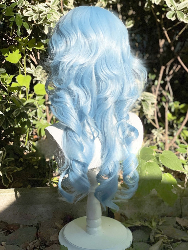 エアウィッグ付き 70cm 長さ 前髪 ウェーブ ブルー