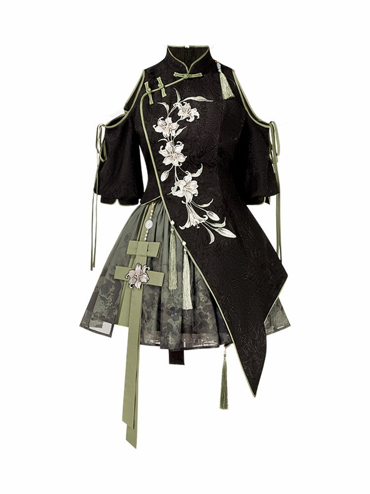 Black & Green Lily Embroidery Asymmetrical Top and Skirt - Han Ru Chu Hanfu & Han-Element Studi