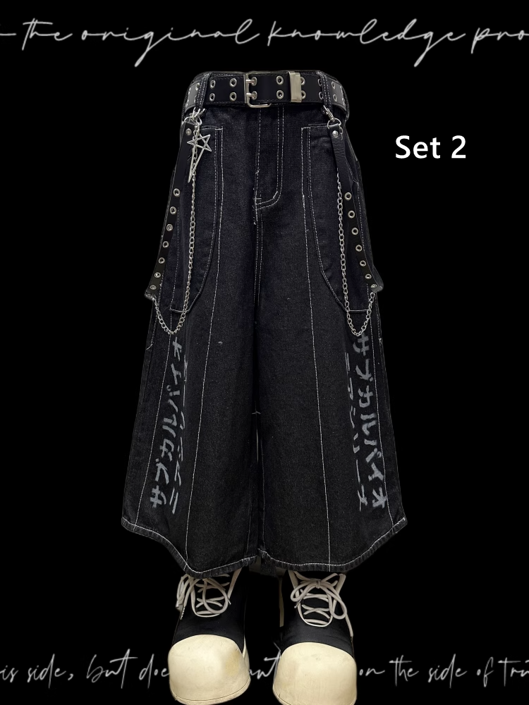 Jeansshorts Y2K Schwarzer Buchstabendruck Weites Bein