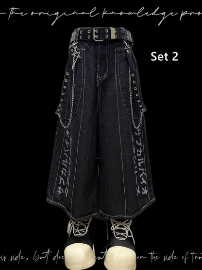 Jeansshorts Y2K Schwarzer Buchstabendruck Weites Bein