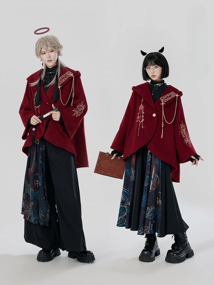 赤い新年の衣装の詳細 ユニセックスフード付きケープコート