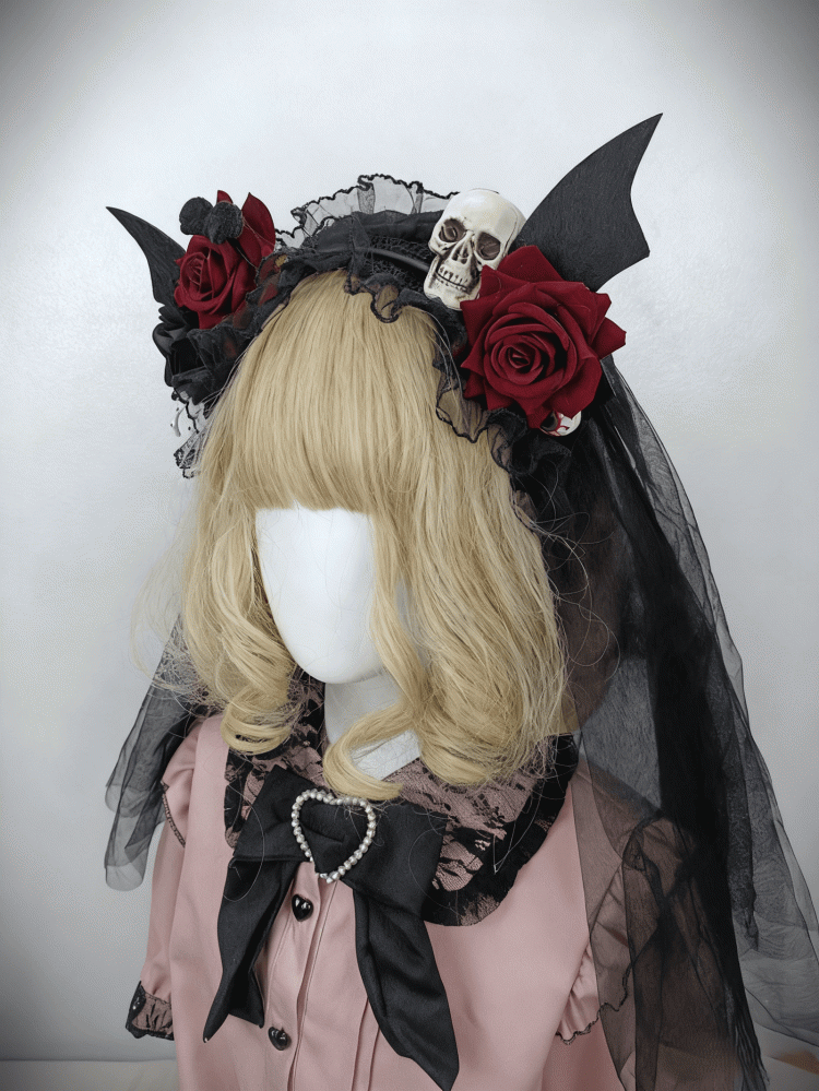 Skull Gothic + Rose Veil Trim Wings Black Detachable KC Lace