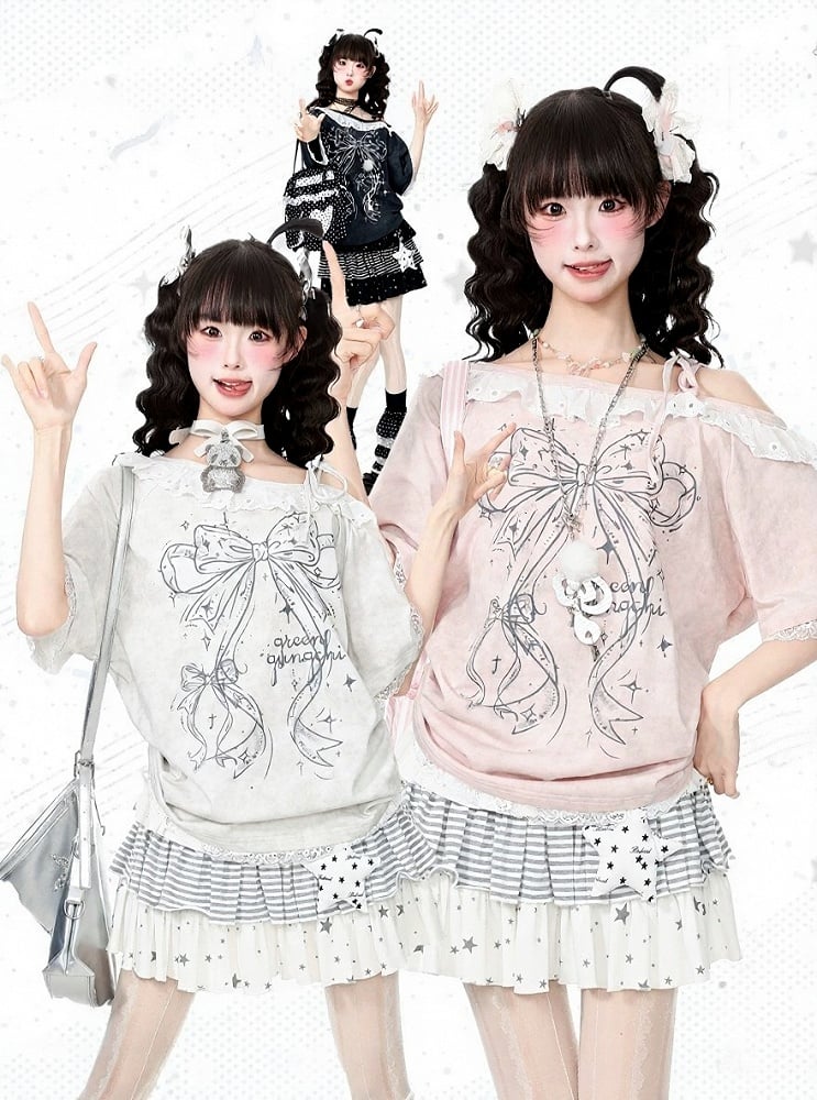 Black Asymmetrical Shoulder Short Sleeve T-Shirt with Bow Print & Lace Trim - Languid Park