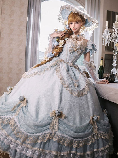 Light Blue Off-Shoulder Hime Lolita Gown - Layered Lace Princess Dress