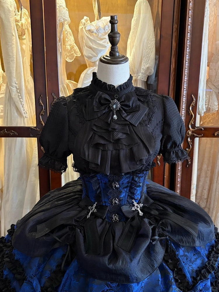 Gothic Puff Sleeve Shirt with Spider Cross, Black & Blue - Pear Island Sweet Tea