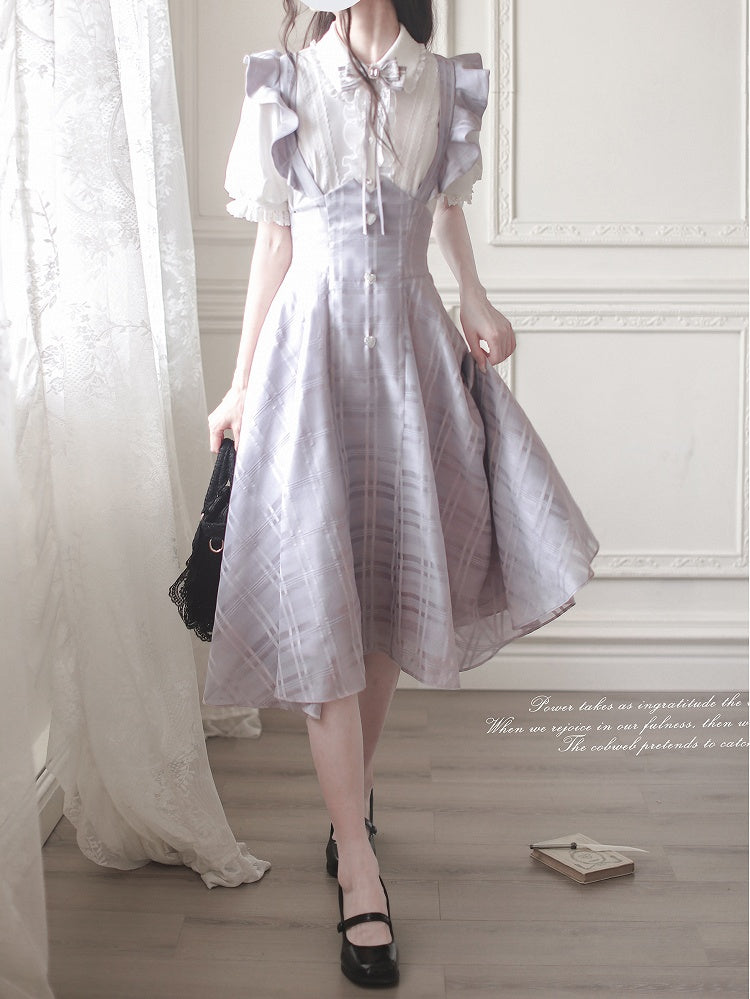 Purple Taro Long Plaid Overall with Version Flutter Sleeves Dress