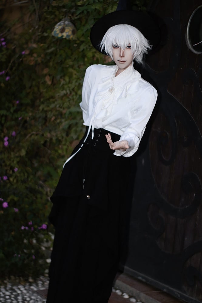 Outfit - Black Built-in Pants Jabot with + White Princecore Collar Design Blouse Corset Wide-leg