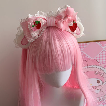 Oversized KC Theme Bowknot Bunny Ear Strawberry Striped Sweet