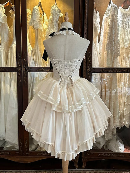 Lolita Neckholder Cremefarbene Detailstickerei Klassisches, zartes rückenfreies Kleid